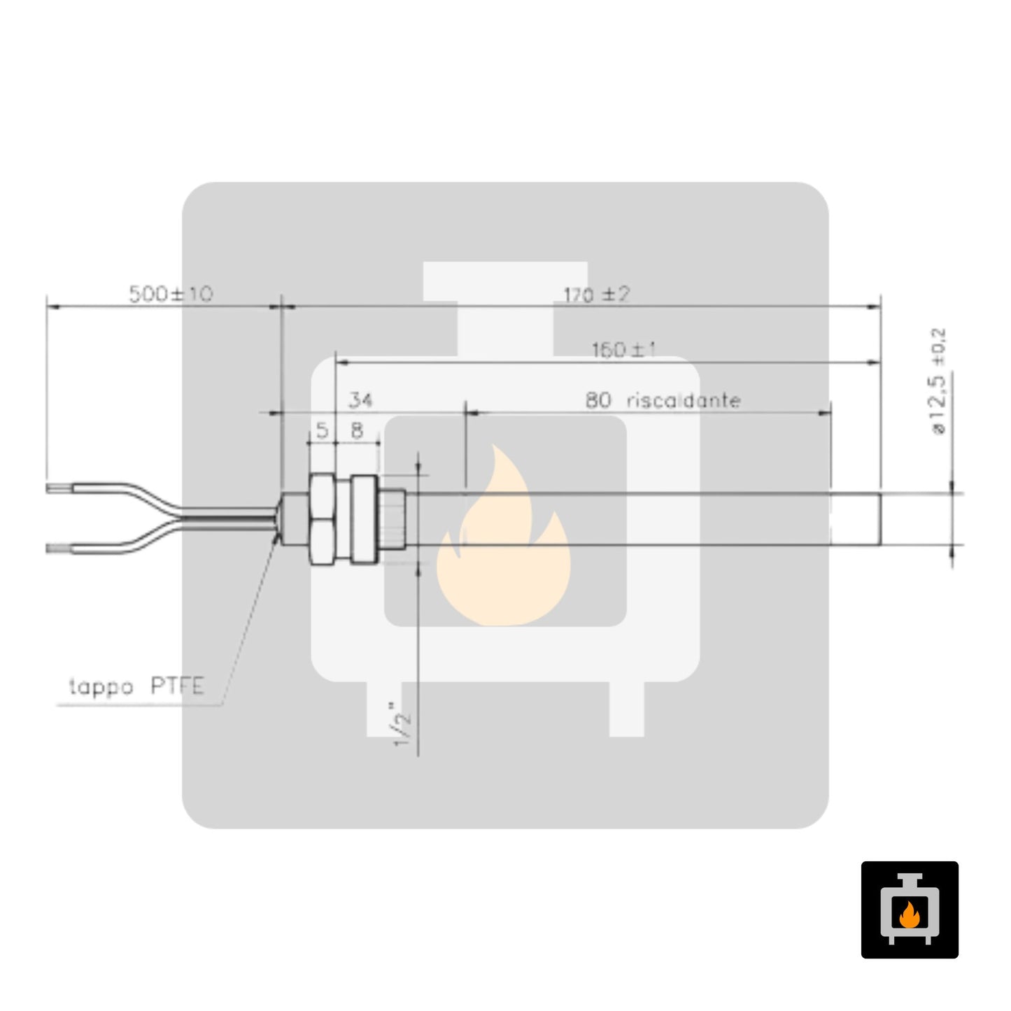 MCZ – Bougie d'allumage acier 350 W Ø 12,5 mm L 170 mm – BR-0039-MZ