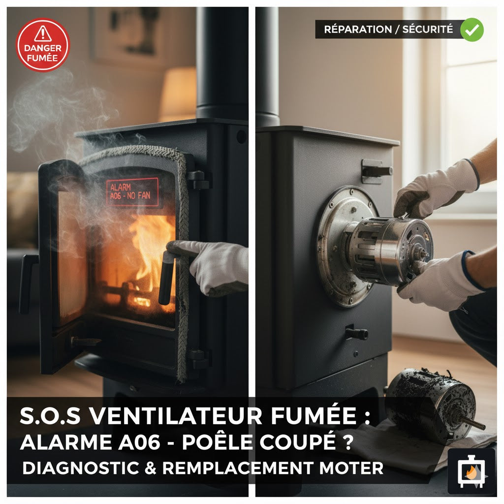 Mon poêle à granulés s'arrête en erreur (A03/A06) : le moteur d'extraction des fumées est-il bloqué ?
