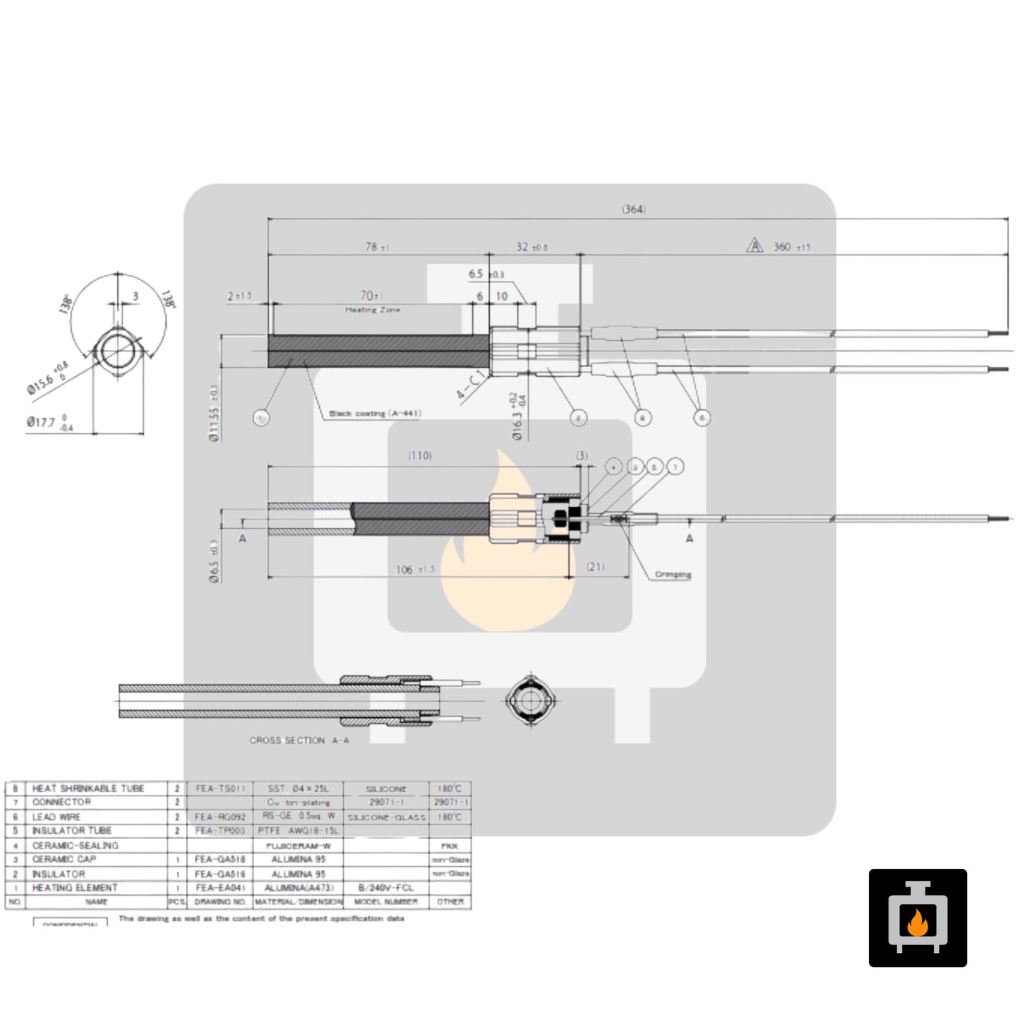 MCZ – Bougie d'allumage céramique 300 W Ø 11,55 mm L 111 mm – BR-0040-MZ