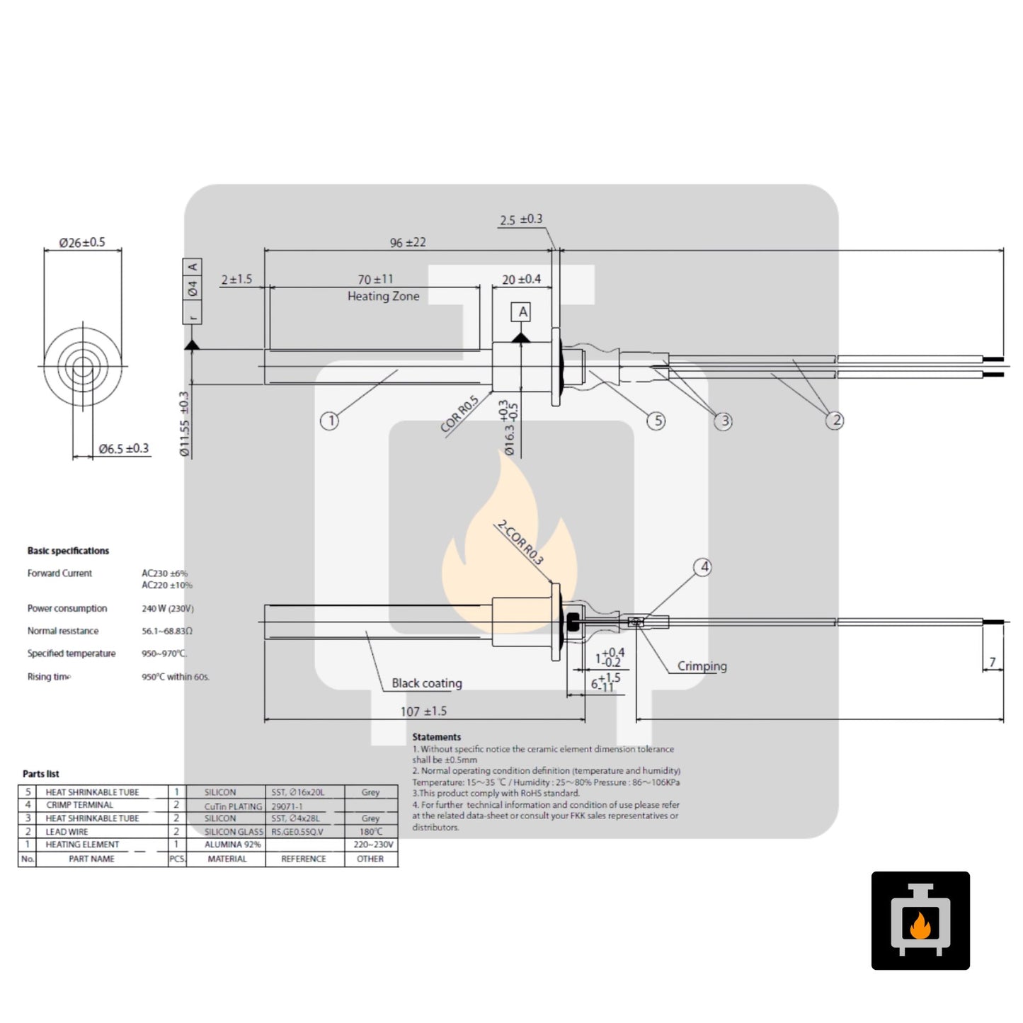 MCZ – Bougie d'allumage céramique 300 W Ø 11,55 mm L 96 mm – BR-0036-MZ